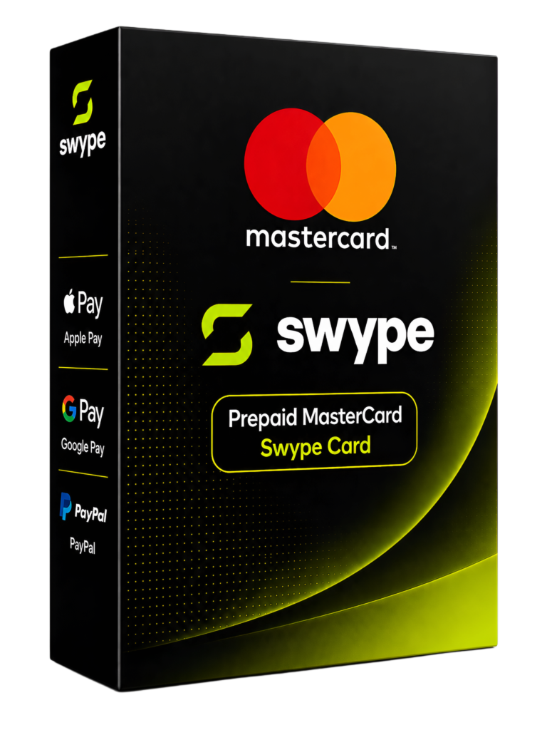 Swype Prepaid MasterCard packaging: black box with Mastercard logo and Swype branding, plus side icons for Apple Pay and Google Pay.