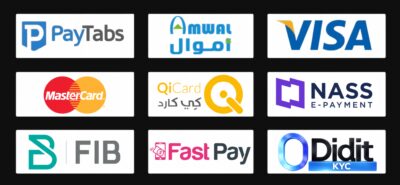 Row of payment method logos: PayTabs, Amwal, Visa, MasterCard, QiCard, NASS E-Payment (brand collage).