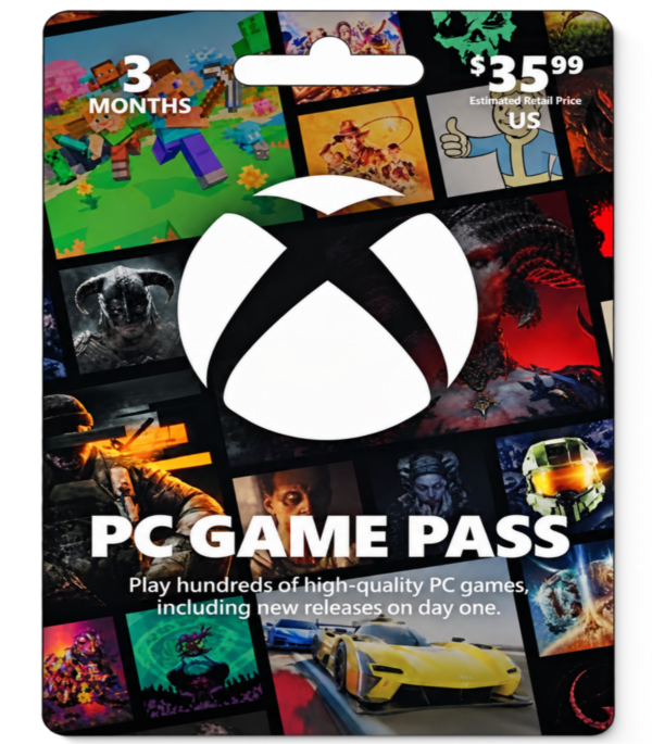 Promotional banner for Xbox Game Pass PC: collage of game thumbnails with a large white Xbox logo and 'PC GAME PASS' text.