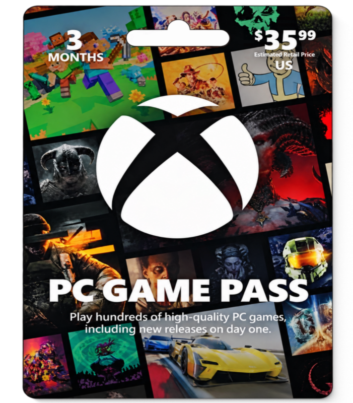 Promotional banner for Xbox Game Pass PC: collage of game thumbnails with a large white Xbox logo and 'PC GAME PASS' text.