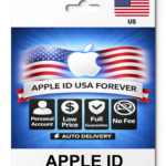 Promotional card claiming 'APPLE ID USA FOREVER' with an Apple logo, US flag backdrop, and benefit icons for personal account, low price, full guarantee, no fee, and auto delivery.