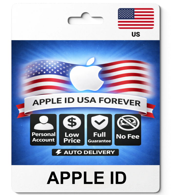 Promotional card claiming 'APPLE ID USA FOREVER' with an Apple logo, US flag backdrop, and benefit icons for personal account, low price, full guarantee, no fee, and auto delivery.