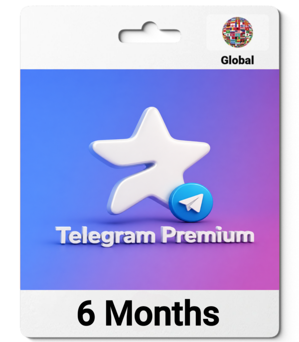 Telegram Premium promotional card featuring a white star logo on a blue‑purple gradient with a Telegram icon and the text 'Telegram Premium' and '6 Months'.