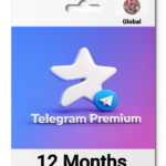 Telegram Premium package front with a large white star logo on a blue‑purple gradient and 'Telegram Premium' text with a '12 Months' label below.