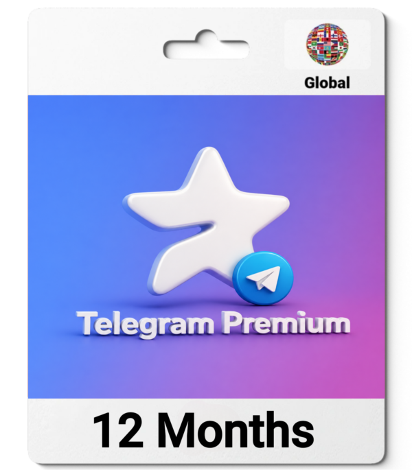 Telegram Premium package front with a large white star logo on a blue‑purple gradient and 'Telegram Premium' text with a '12 Months' label below.