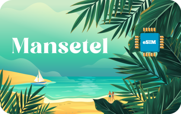 Promotional banner for Mansetel showing a tropical beach scene with palm leaves, coastline, and an eSIM chip emblem labeled eSIM.