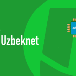 Uzbeknet logo on a green background with an eSIM chip illustration in the foreground (branding image)