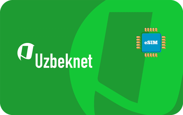 Uzbeknet logo on a green background with an eSIM chip illustration in the foreground (branding image)
