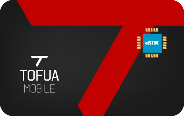 TOFUA Mobile branding with a large red 7 and an eSIM chip on a dark gradient background