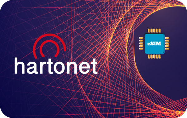 Hartnet banner with red arc logo and bold 'hartnet' text; blue eSIM chip on the right, set against a purple gradient with orange curves and lines.