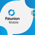 Brand illustration for Réunion Mobile with logo and an eSIM chip on a blue gradient background (text reads 'Réunion Mobile' and 'eSIM').