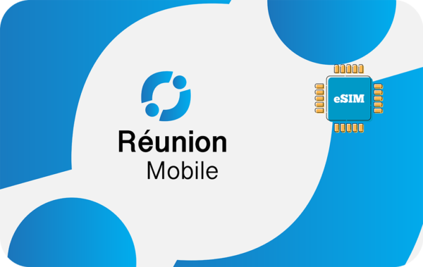 Brand illustration for Réunion Mobile with logo and an eSIM chip on a blue gradient background (text reads 'Réunion Mobile' and 'eSIM').