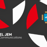 El Jem Communications logo on a dark background with red and white geometric shapes and a blue eSIM chip illustration