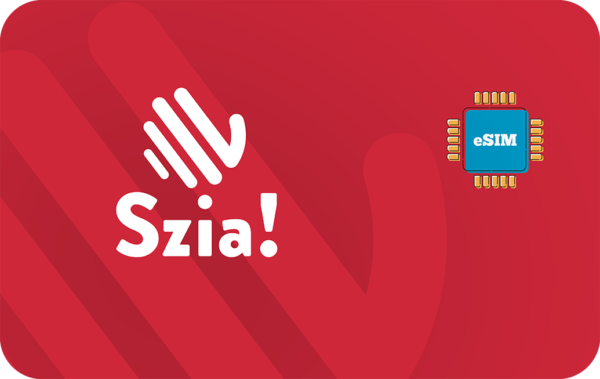 Red banner with the white text 'Szia!' and a blue eSIM chip on the right side. The image conveys a Hungarian greeting related to eSIM.