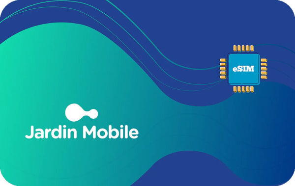 Brand hero: Jardin Mobile logo on teal-to-blue gradient with an eSIM chip graphic on the right.