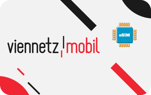 Brand banner showing 'viennetz mobil' logo with a blue eSIM chip icon on the right on a light gray background, decorative shapes around.