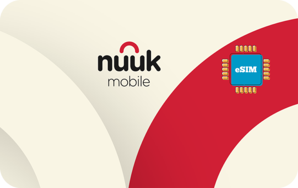 Nuuk Mobile logo with an eSIM illustration on a cream and red abstract background.