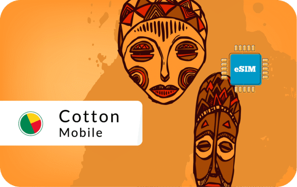 Cotton Mobile banner with two carved masks, a white logo panel, and an eSIM chip on an orange gradient background.