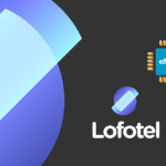 Graphic banner featuring a blue-purple abstract shape on a dark background with the eSIM icon and the Lofotel logo center-right.