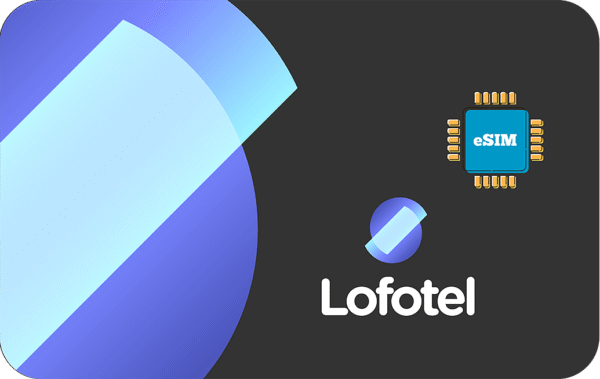 Graphic banner featuring a blue-purple abstract shape on a dark background with the eSIM icon and the Lofotel logo center-right.