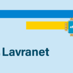 Lavranet branding with a blue eSIM chip icon on a yellow stripe over a light blue background.