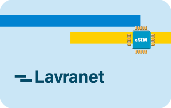 Lavranet branding with a blue eSIM chip icon on a yellow stripe over a light blue background.