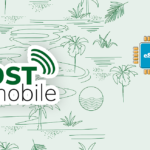 JOST mobile logo with an eSIM icon on a light tropical background.