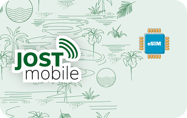 JOST mobile logo with an eSIM icon on a light tropical background.