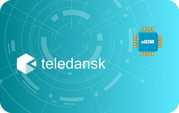 Teledansk logo on a teal, tech-patterned background with an eSIM icon on the right.
