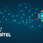 Outline of a country map glowing with a blue network of interconnected nodes, an eSIM chip on the right, and the LABITEL logo bottom-left.