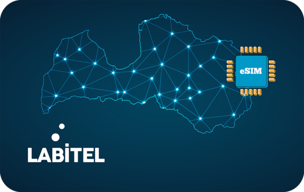 Outline of a country map glowing with a blue network of interconnected nodes, an eSIM chip on the right, and the LABITEL logo bottom-left.