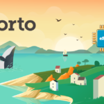 Porto sea coast at sunset with hills, houses, a whale tail in the water, and a blue eSIM chip graphic