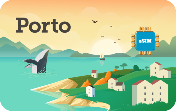 Porto sea coast at sunset with hills, houses, a whale tail in the water, and a blue eSIM chip graphic