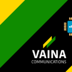 VAINA Communications logo on a black diagonal background with green and yellow chevrons and an eSIM chip icon on the upper right.