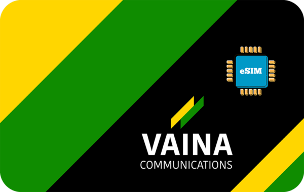 VAINA Communications logo on a black diagonal background with green and yellow chevrons and an eSIM chip icon on the upper right.