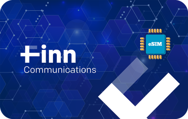 Finn Communications branding on a blue tech background with an eSIM chip and a large white checkmark.