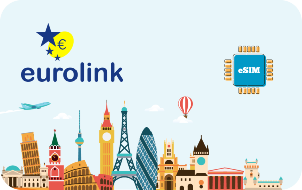 Eurolink brand banner with logo, a colorful city skyline, an airplane and a hot-air balloon, and a blue eSIM chip icon on the right.