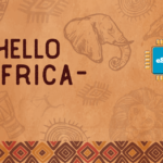 Branding banner with 'Hello Africa' on an orange textured background, featuring a blue eSIM chip on the right and tribal patterns along the bottom.