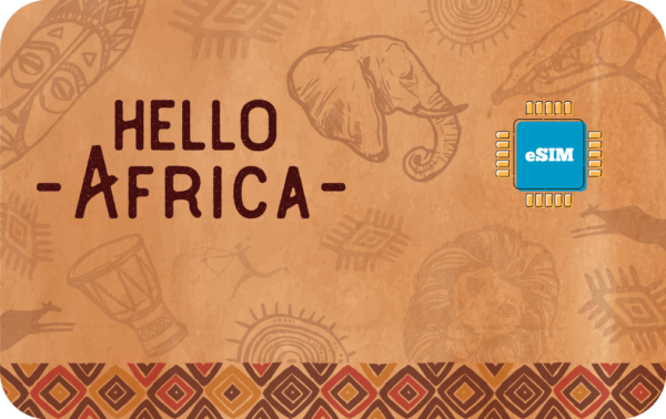 Branding banner with 'Hello Africa' on an orange textured background, featuring a blue eSIM chip on the right and tribal patterns along the bottom.