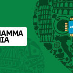 Promotional banner showing the Mamma Mia logo on the left and a blue eSIM chip on a green background filled with Italian landmarks like the Colosseum and Leaning Tower of Pisa on the right.