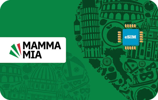 Promotional banner showing the Mamma Mia logo on the left and a blue eSIM chip on a green background filled with Italian landmarks like the Colosseum and Leaning Tower of Pisa on the right.