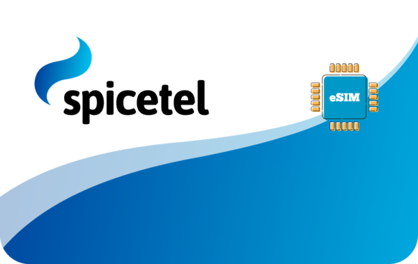 Brand banner showing the Spicetel logo and an eSIM chip on a blue curved gradient background.