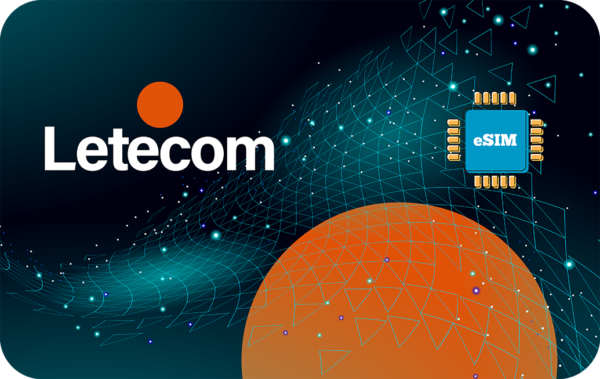 Letecm logo on a dark gradient background with an orange circle, a blue eSIM chip, and a network of glowing lines and dots behind a large orange sphere.