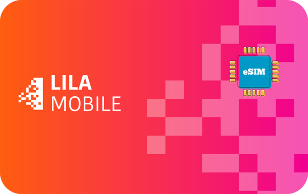 Brand graphic showing LILA MOBILE logo on a orange‑pink gradient, with a blue eSIM chip icon on the right connected to pink square pattern.
