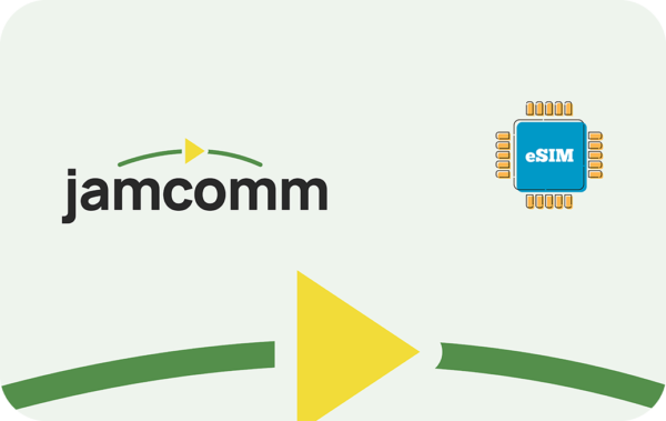 Jamcomm logo on the left with a green arc and yellow play button, an eSIM chip to the right on a pale background.