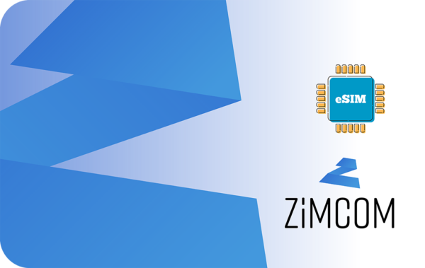 Abstract blue geometric background with an eSIM icon and ZiMCOM branding on the right.
