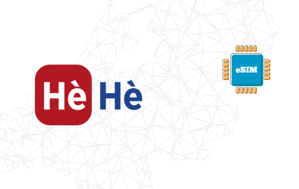 Logo for Hè Hè with a red rounded square and white text, paired with a blue eSIM chip on a pale network map background.