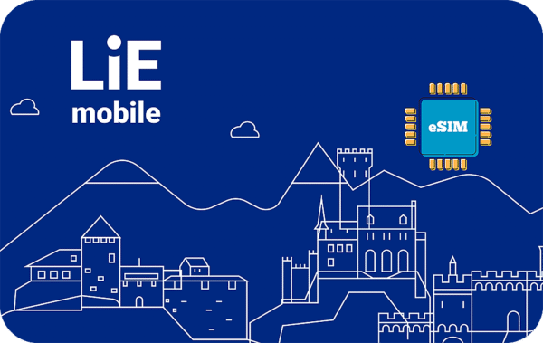 Blue promotional graphic: LiE mobile branding with a white line-art city skyline and an eSIM chip on the right side.