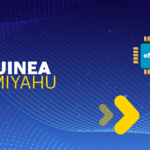 Blue tech-style background with the text GUINEA MIYAHU and an eSIM chip icon on the right side of the image.