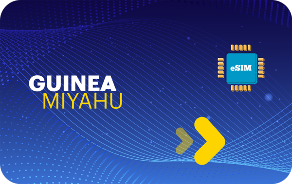 Blue tech-style background with the text GUINEA MIYAHU and an eSIM chip icon on the right side of the image.